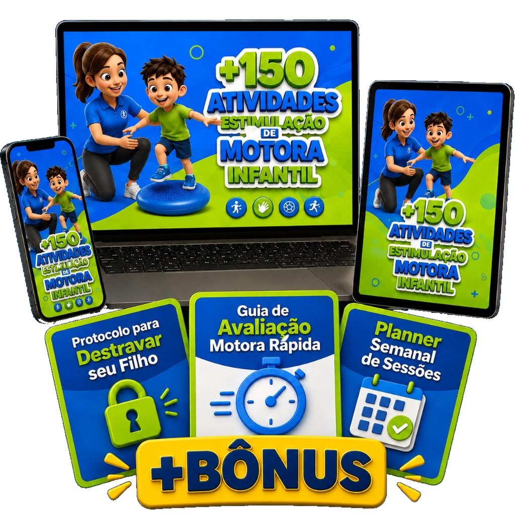 +150 Atividades de Estimulação Motora Infantil — acesso em notebook, tablet e celular, com os 3 bônus exclusivos